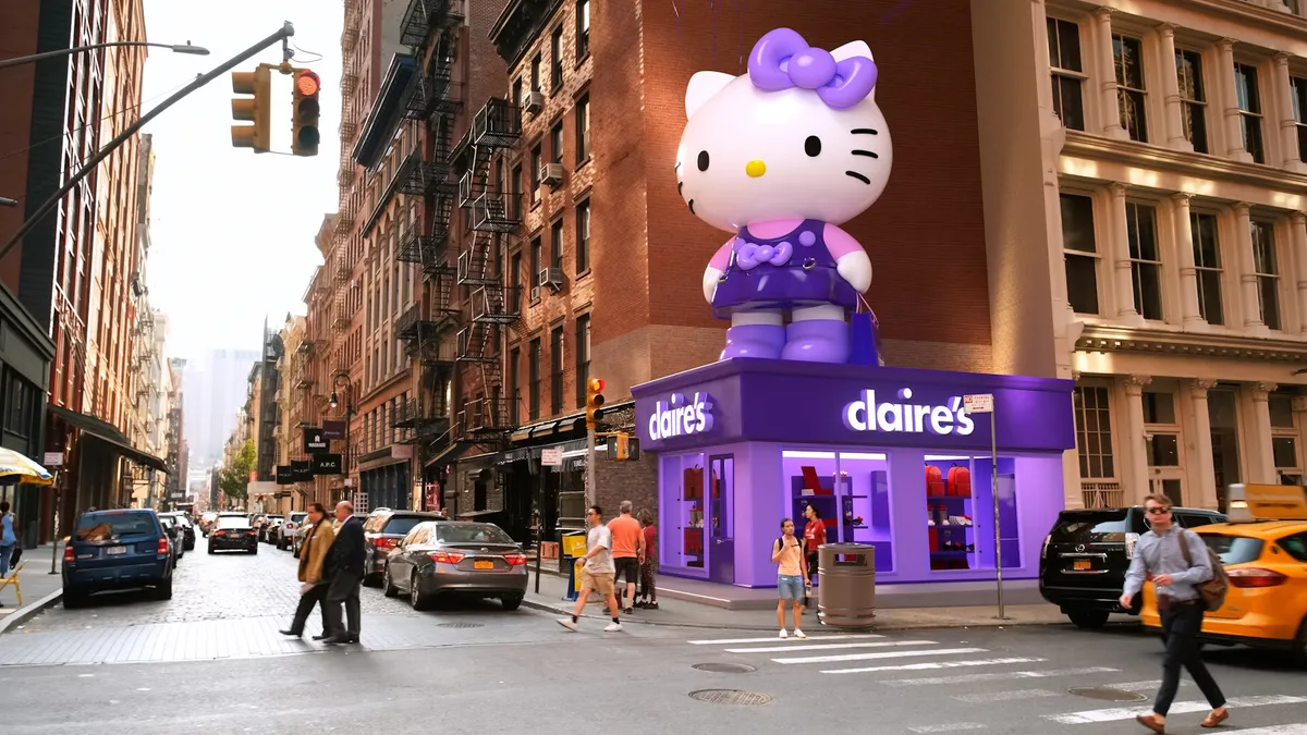 A 3-D art display of Hello Kitty atop a Claire's store for the character's 50th anniversary.