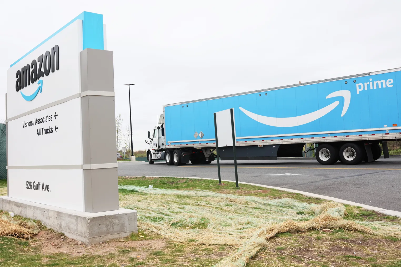 An Amazon truck is seen entering the LDJ5 Amazon Sort Center on April 25, 2022 in New York City.